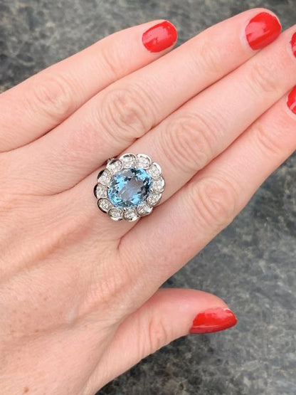 Model Finger shot Aquamarine and diamond cluster ring oval shape large