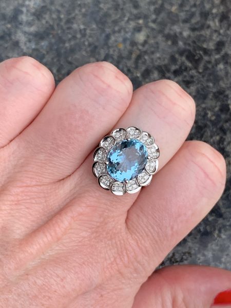 Aquamarine and diamond cluster ring oval shape large