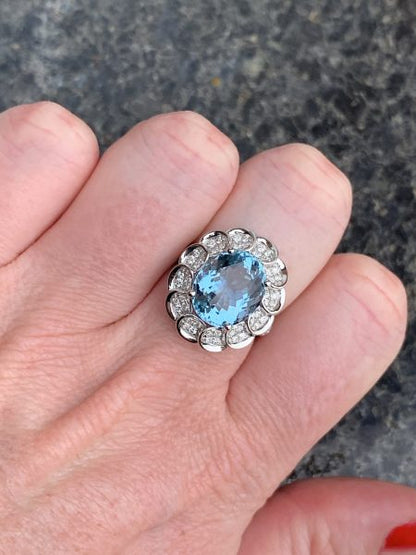 Aquamarine and diamond cluster ring oval shape large