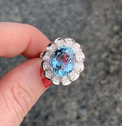 Aquamarine and diamond cluster ring