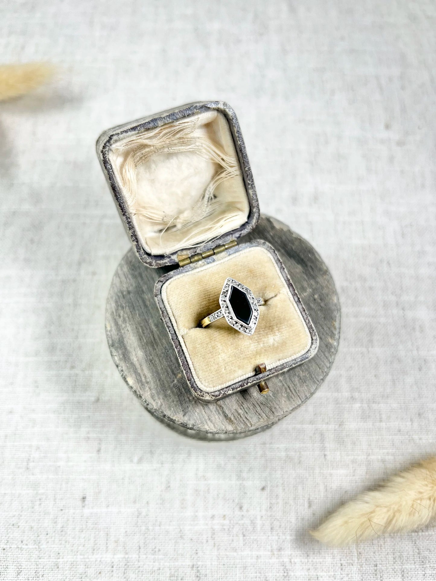Antique 18ct Gold Stamped, 1920’s Onyx & Diamond Marquise Ring