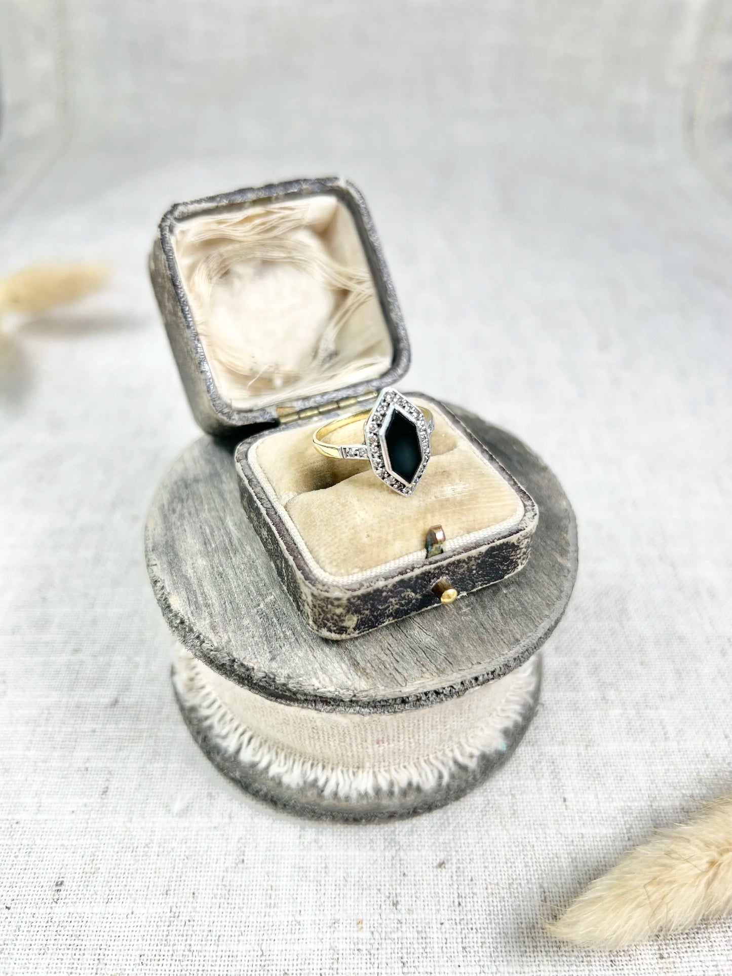 Antique 18ct Gold Stamped, 1920’s Onyx & Diamond Marquise Ring