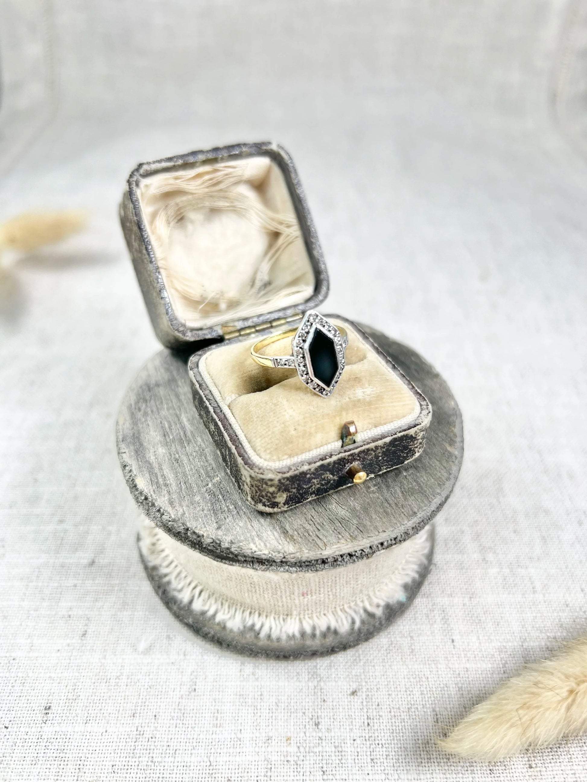 Antique 18ct Gold Stamped, 1920’s Onyx & Diamond Marquise Ring