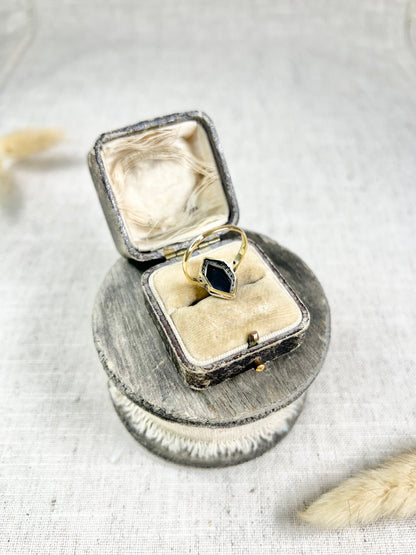 Antique 18ct Gold Stamped, 1920’s Onyx & Diamond Marquise Ring