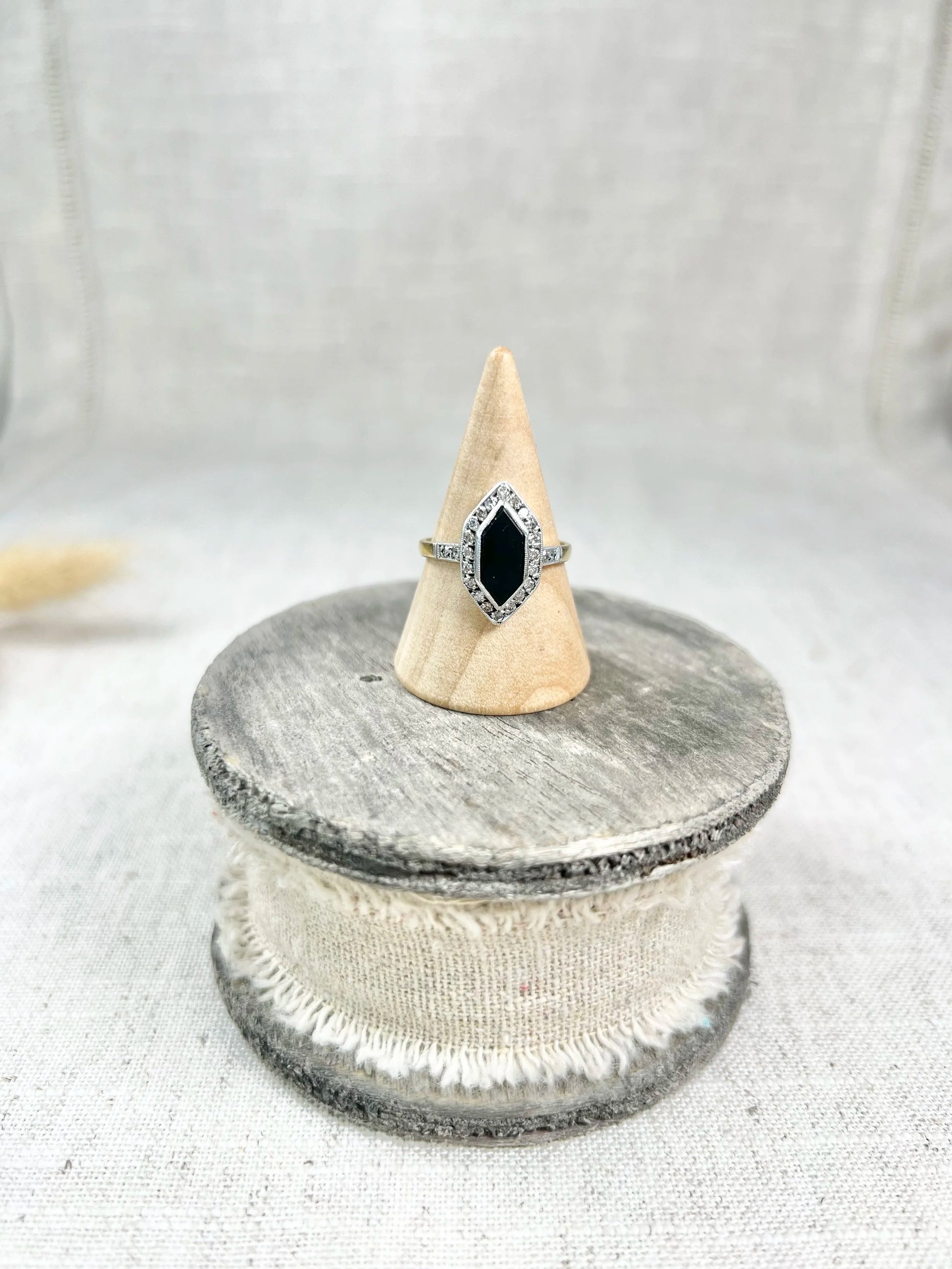 Antique 18ct Gold Stamped, 1920’s Onyx & Diamond Marquise Ring