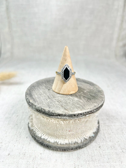 Antique 18ct Gold Stamped, 1920’s Onyx & Diamond Marquise Ring