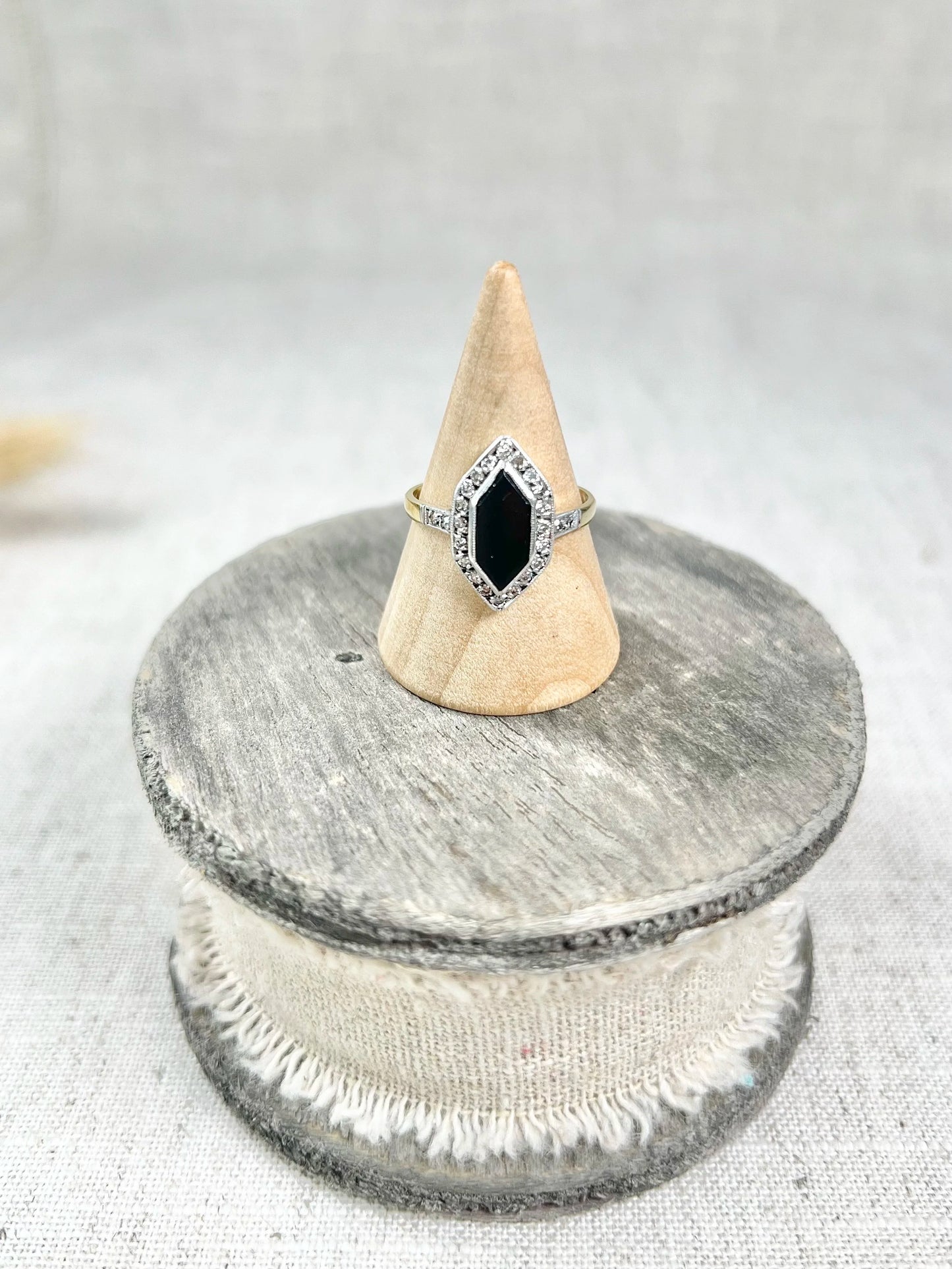 Antique 18ct Gold Stamped, 1920’s Onyx & Diamond Marquise Ring
