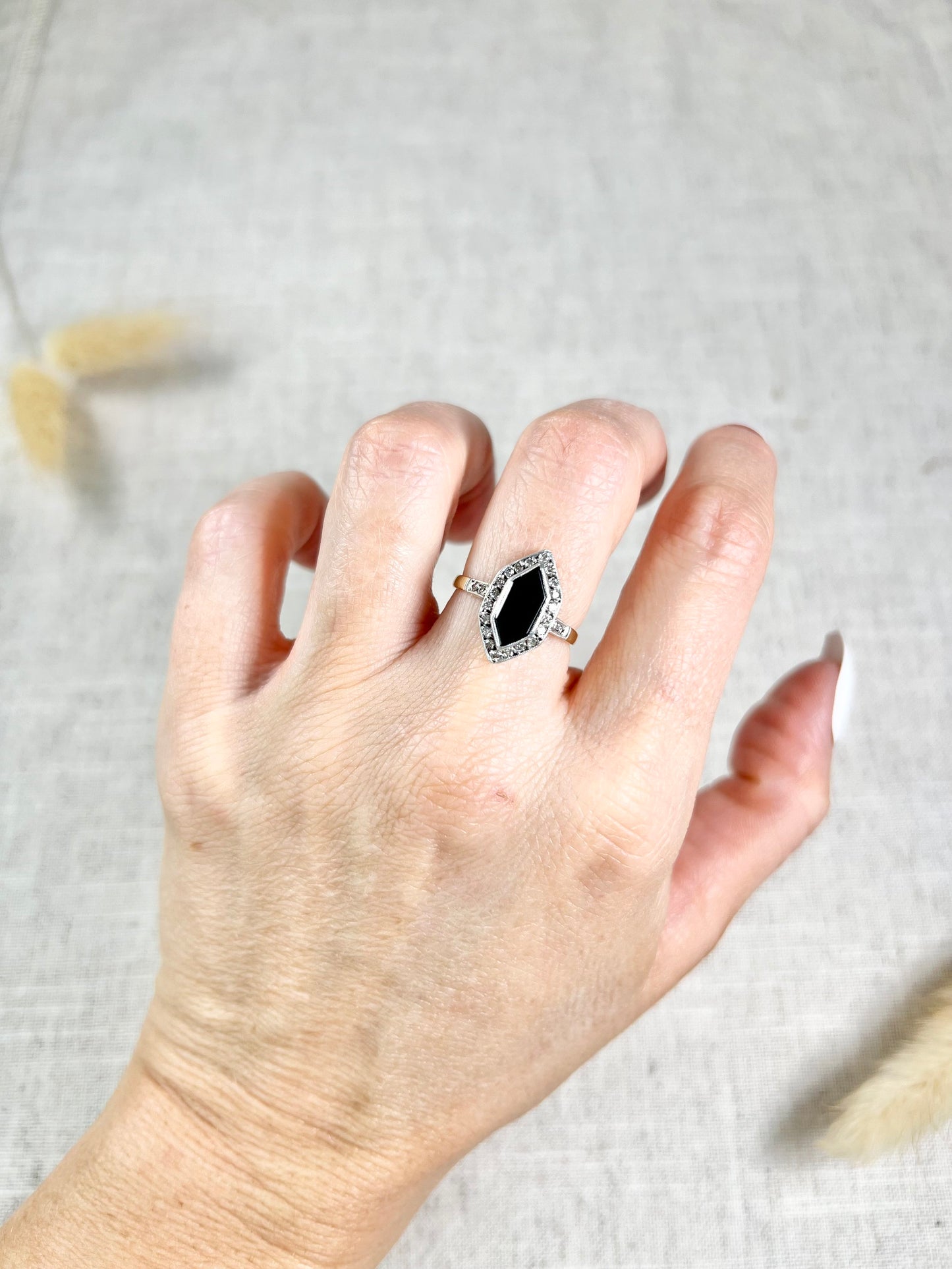 Antique 18ct Gold Stamped, 1920’s Onyx & Diamond Marquise Ring