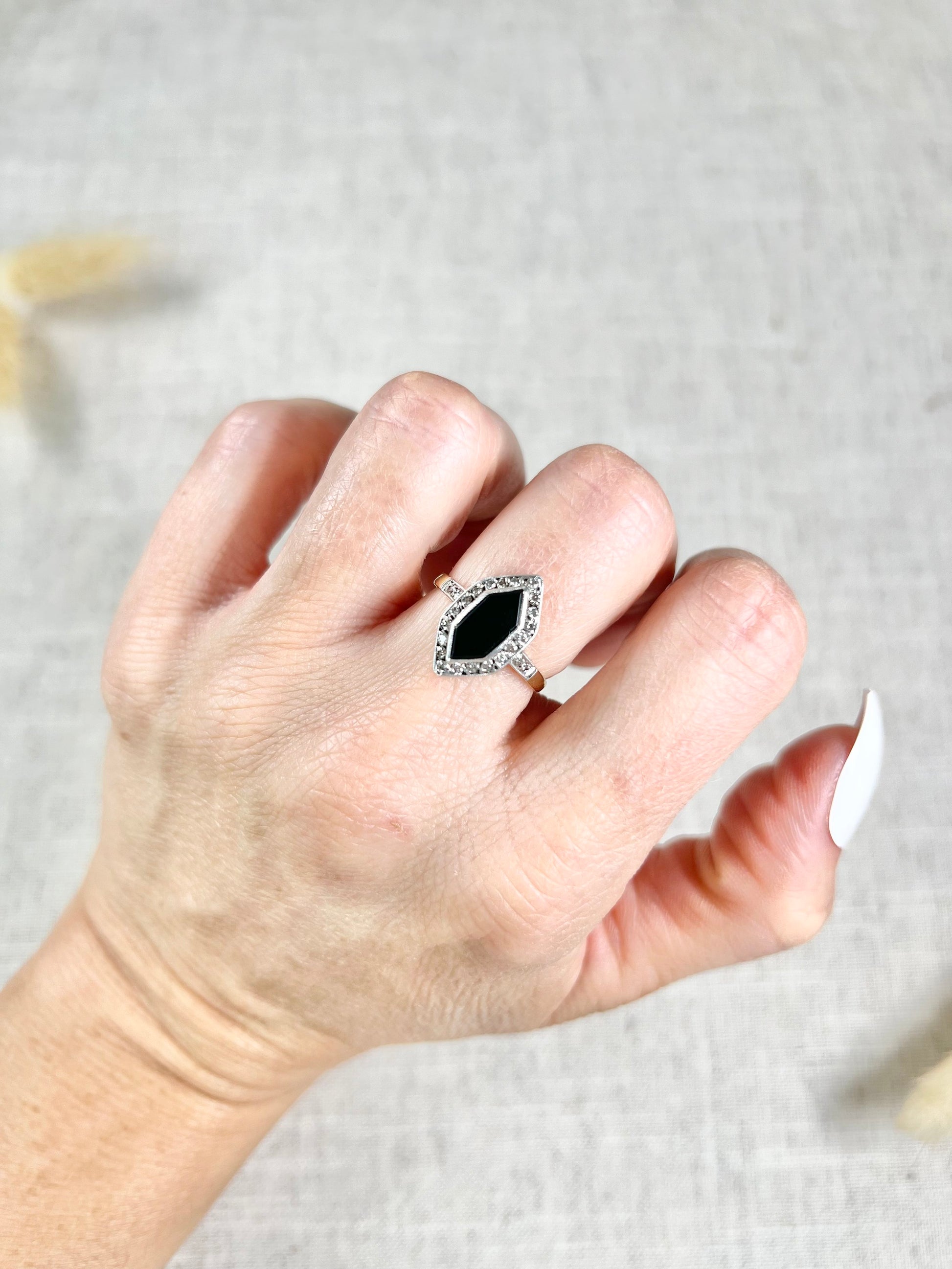 Antique 18ct Gold Stamped, 1920’s Onyx & Diamond Marquise Ring