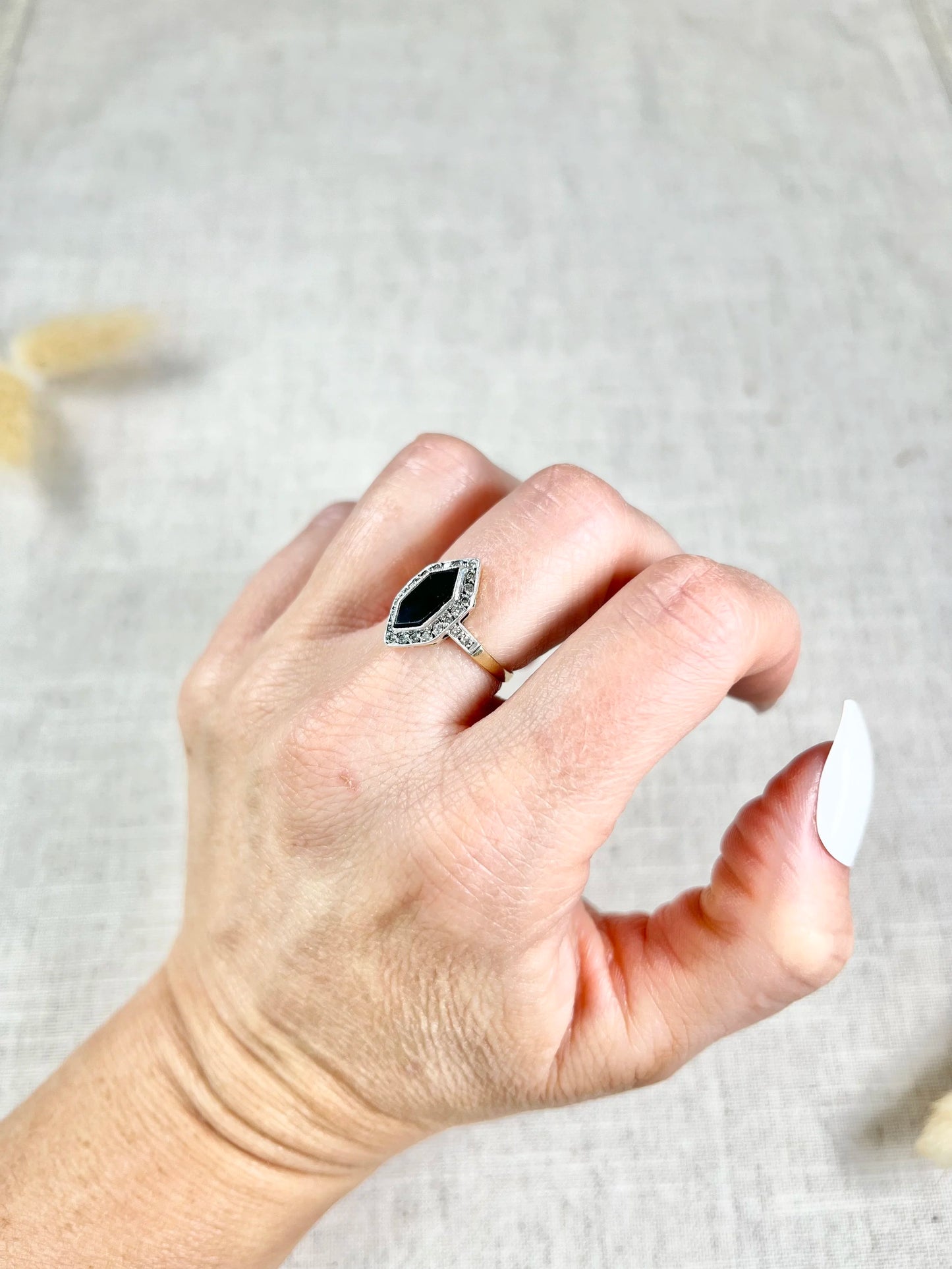 Antique 18ct Gold Stamped, 1920’s Onyx & Diamond Marquise Ring