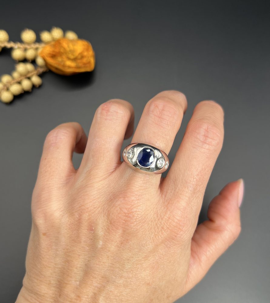 Art Deco French Sapphire and Diamond Five Stone Bombe Ring