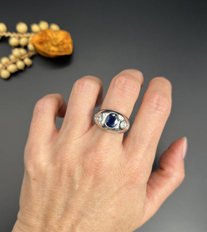 Art Deco French Sapphire and Diamond Five Stone Bombe Ring