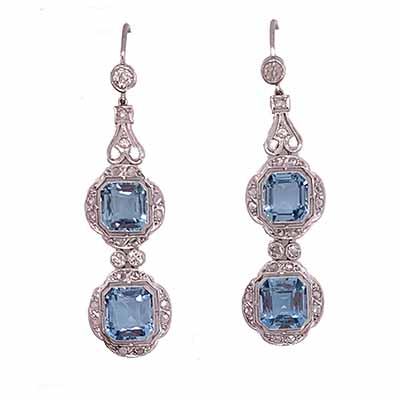 Art Deco aquamarine and diamond earrings drops square cut Platinum 1930's