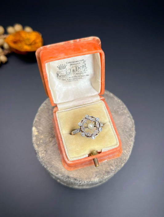 Antique 18 Carat Rose Gold And Platinum, Edwardian Diamond And Pearl Fancy Cluster Ring