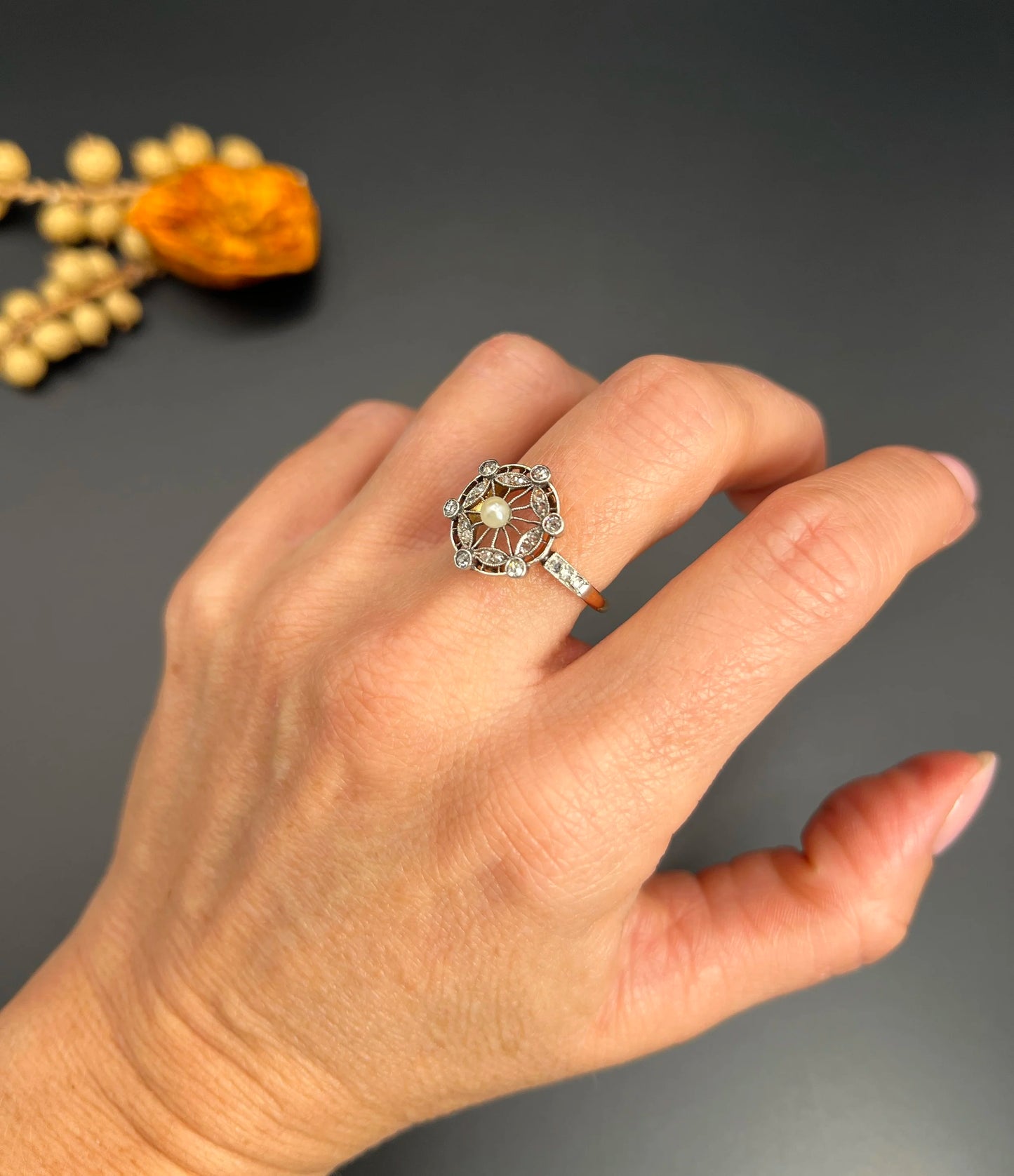 Antique 18 Carat Rose Gold And Platinum, Edwardian Diamond And Pearl Fancy Cluster Ring
