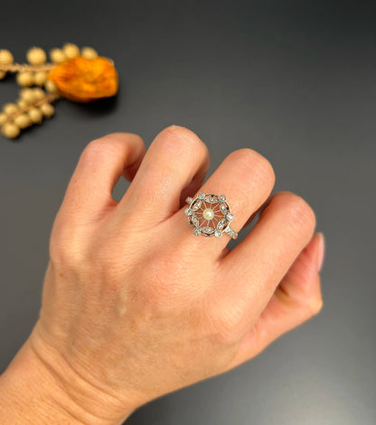 Antique 18 Carat Rose Gold And Platinum, Edwardian Diamond And Pearl Fancy Cluster Ring