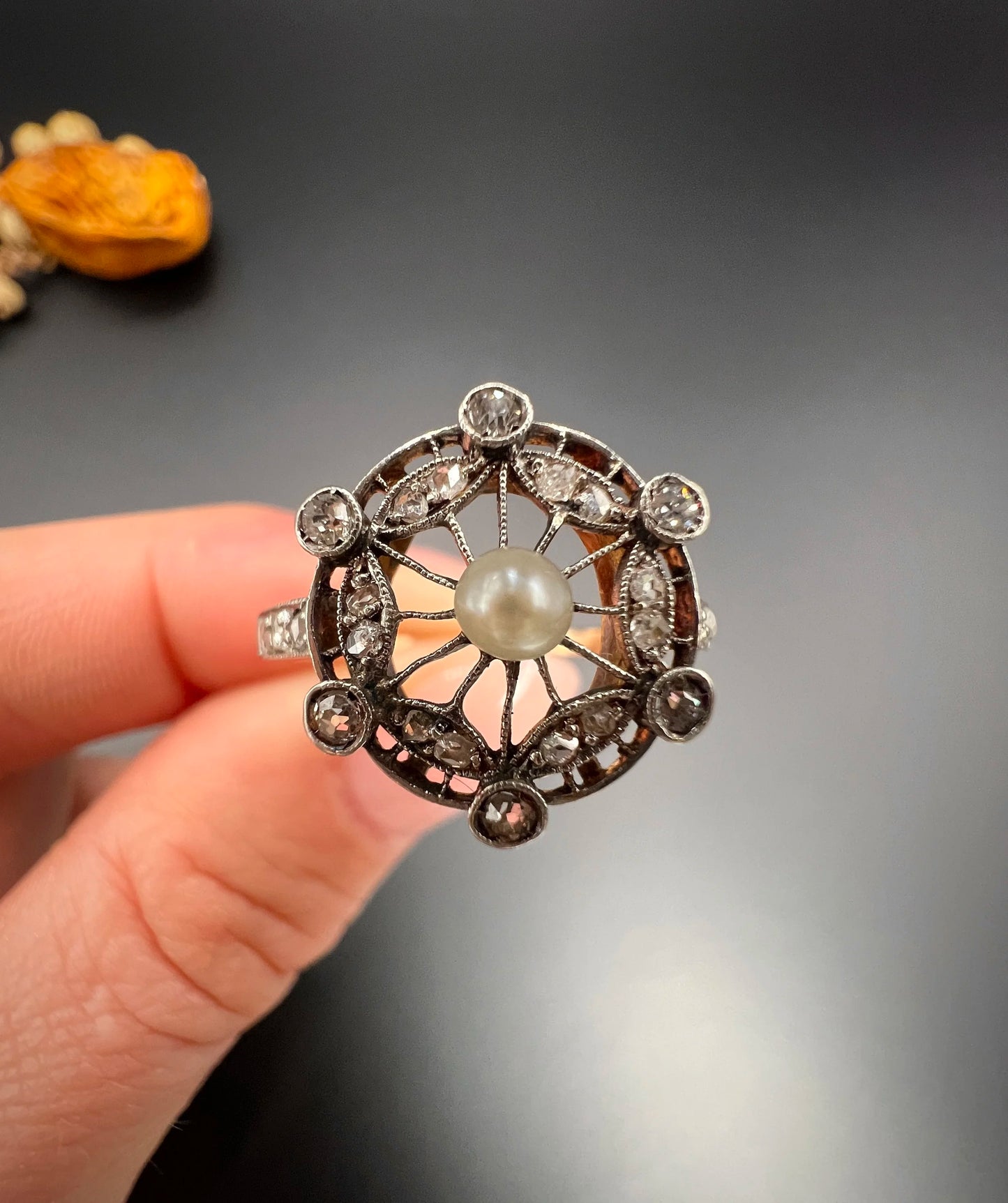 Antique 18 Carat Rose Gold And Platinum, Edwardian Diamond And Pearl Fancy Cluster Ring