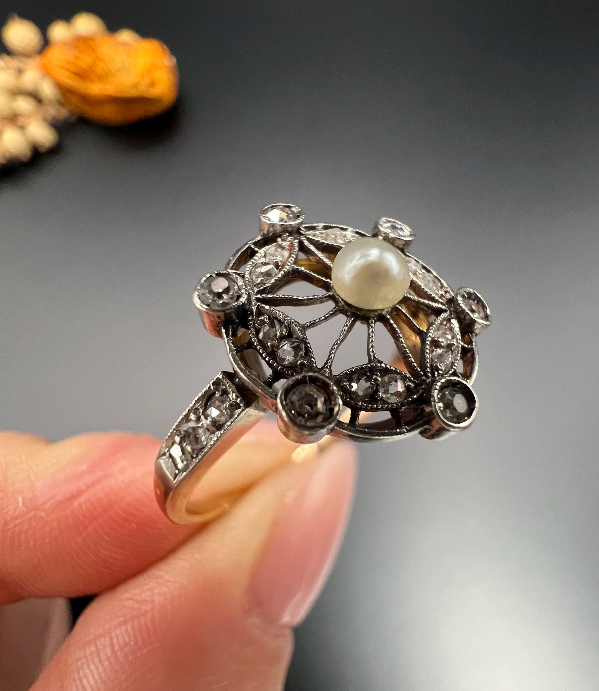 Antique 18 Carat Rose Gold And Platinum, Edwardian Diamond And Pearl Fancy Cluster Ring