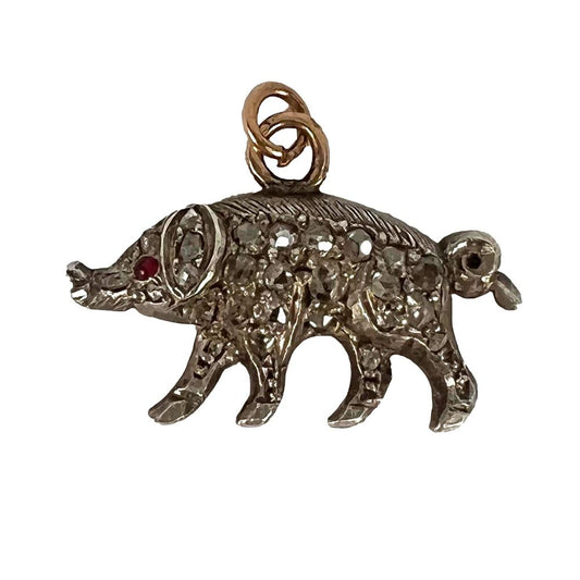 Antique Diamond Set Pig Charm Pendant in 18ct rose gold and silver set with 26 rose-cut diamonds and cabochon ruby eye, 0.40 carats