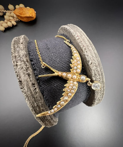 Antique 15 Carat Yellow Gold Swallow Pendant Necklace With Pearls And Diamond Drop