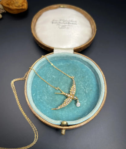 Antique 15 Carat Yellow Gold Swallow Pendant Necklace With Pearls And Diamond Drop