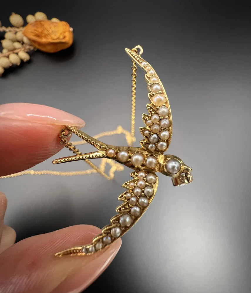 Antique 15 Carat Yellow Gold Swallow Pendant Necklace With Pearls And Diamond Drop