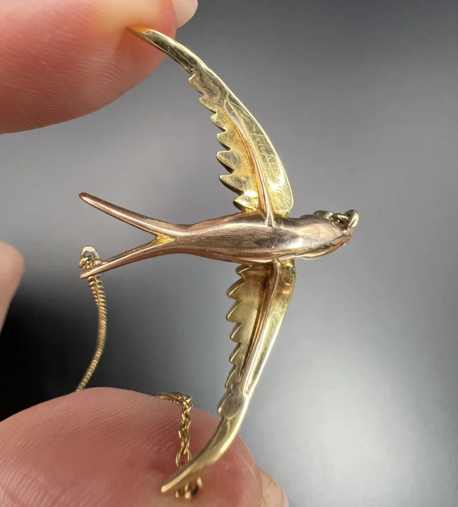 Antique 15 Carat Yellow Gold Swallow Pendant Necklace With Pearls And Diamond Drop