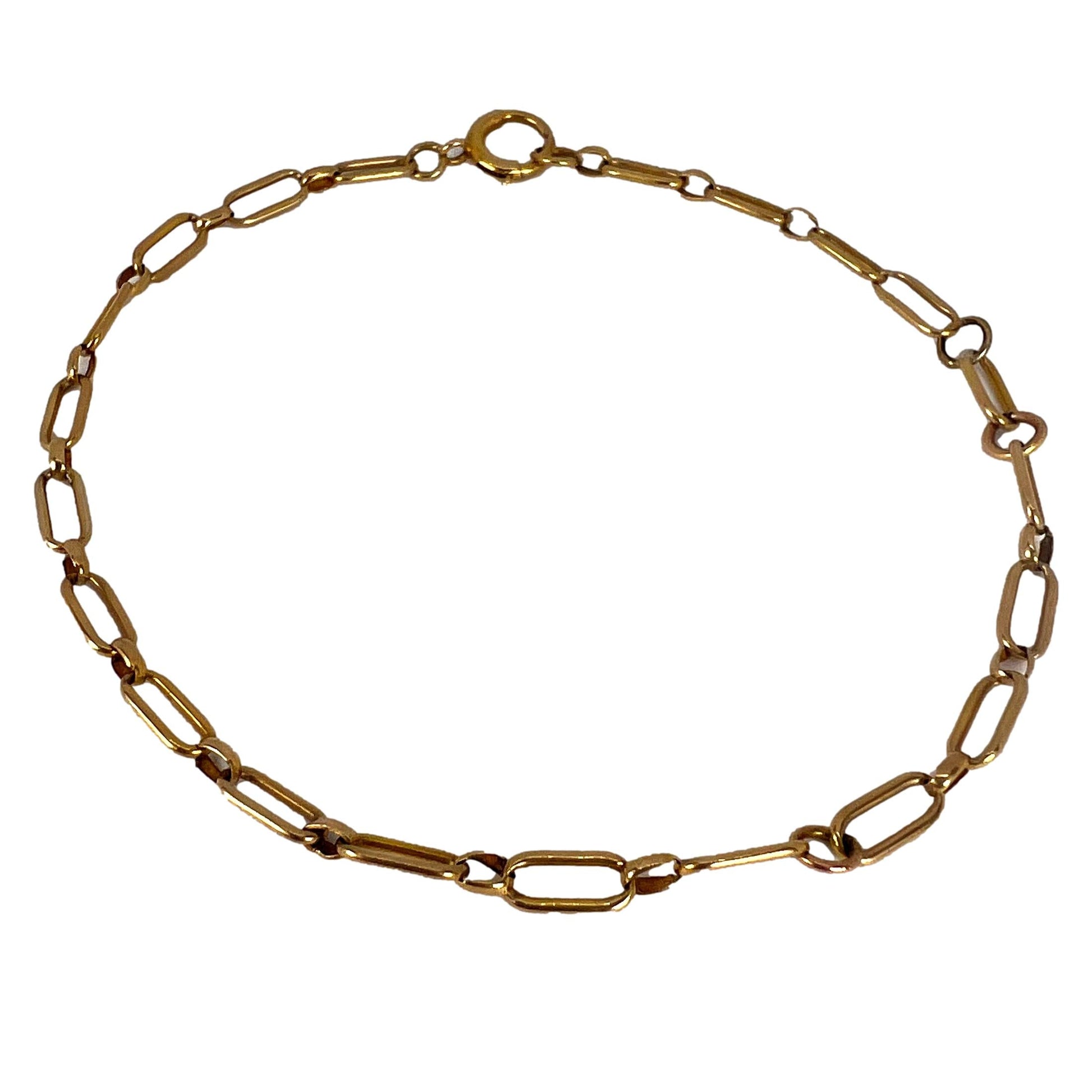A yellow gold link bracelet with bolt ring clasp, on a white background