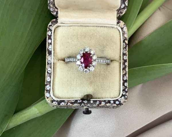 Ruby and Diamond Cluster Engagement Ring, 1 carat, No heat