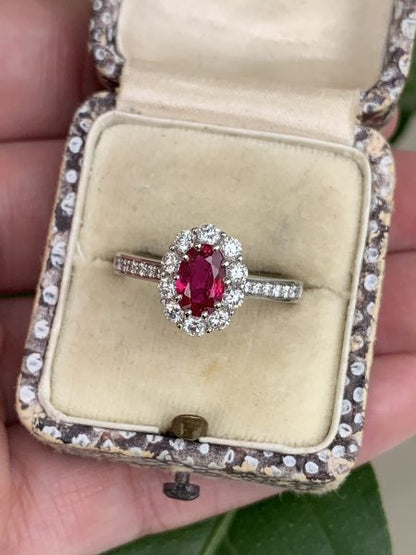 Ruby and Diamond Cluster Engagement Ring, 1 carat, No heat