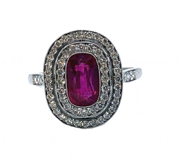 Antique ruby and diamond ring Edwardian 1910 two halo diamonds