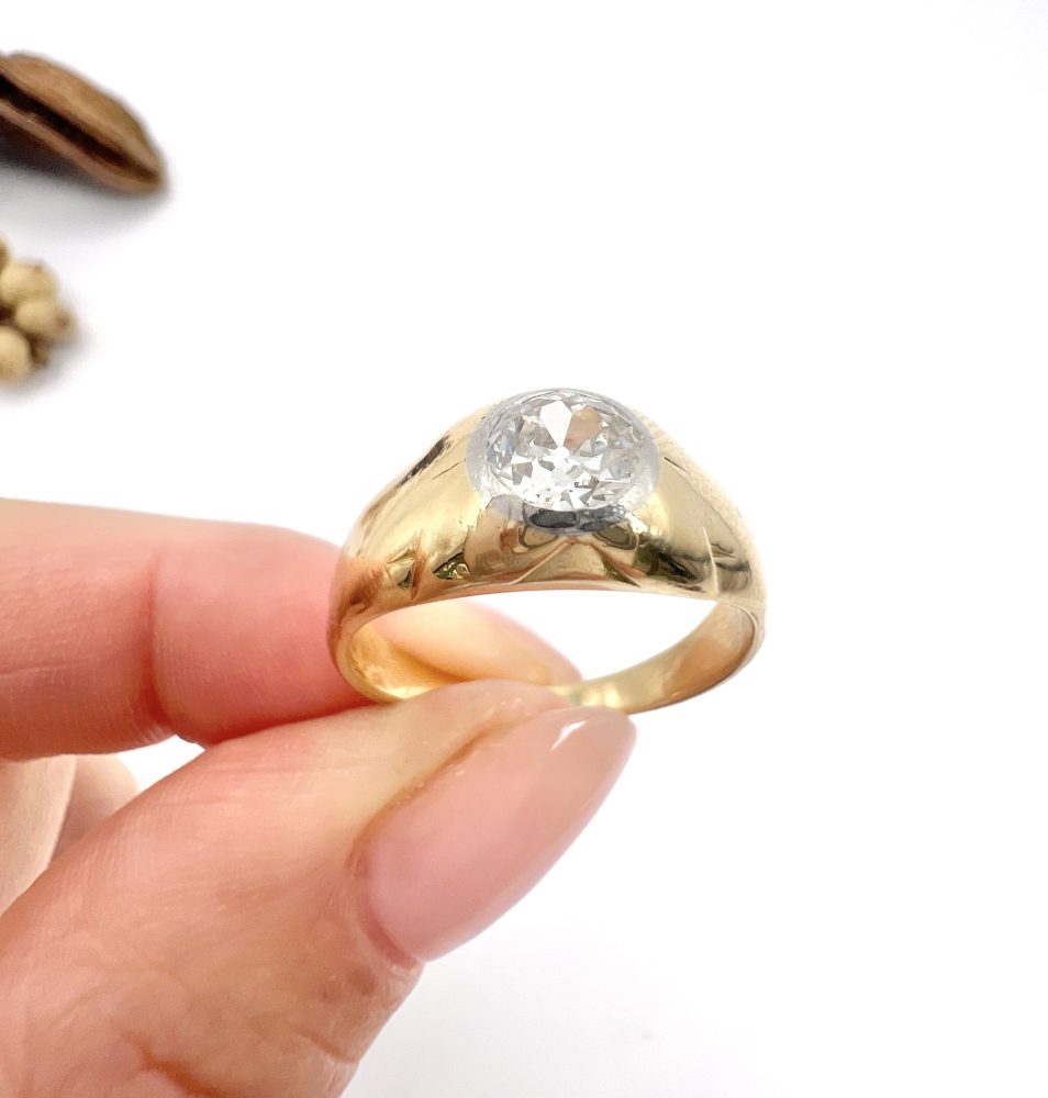 Antique Dome Shaped Gypsy Band Ring In 18 Carat Yellow Gold With Single Diamond