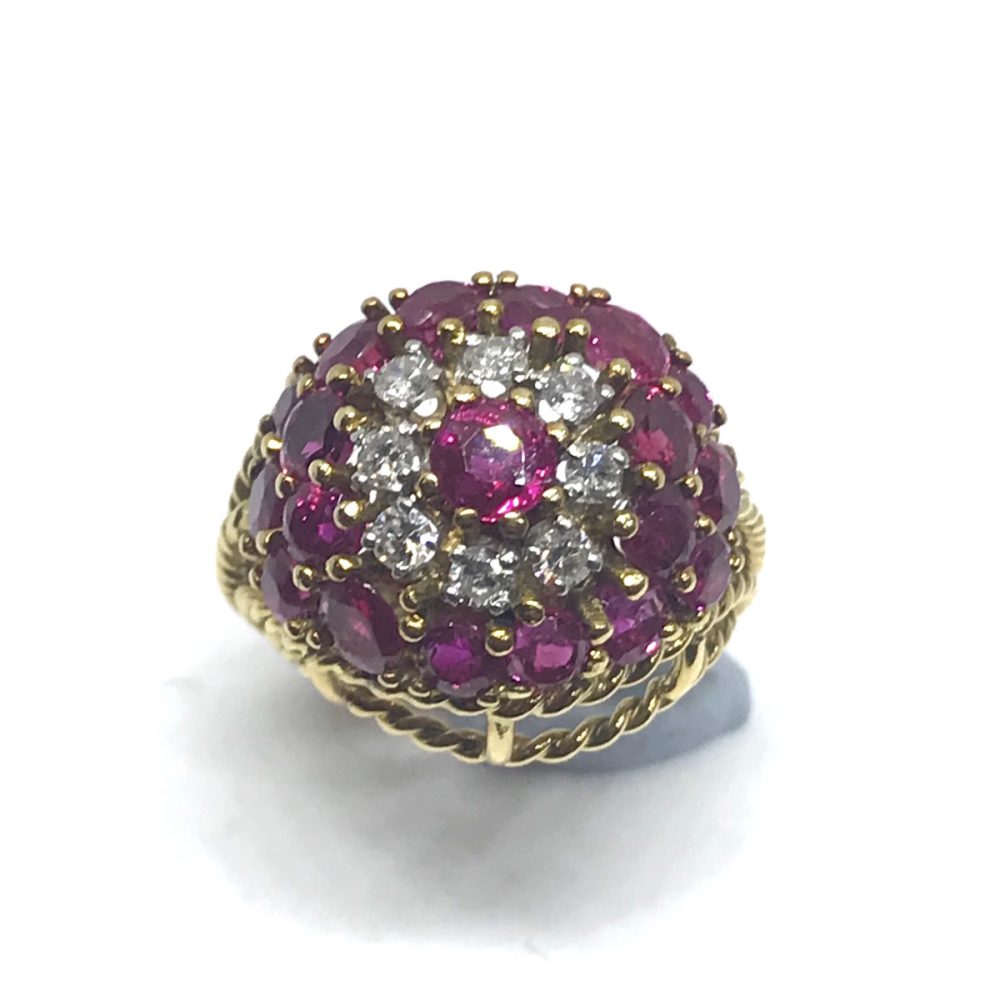 Vintage Ruby Diamond Gold Bombe Ring, C 1950's