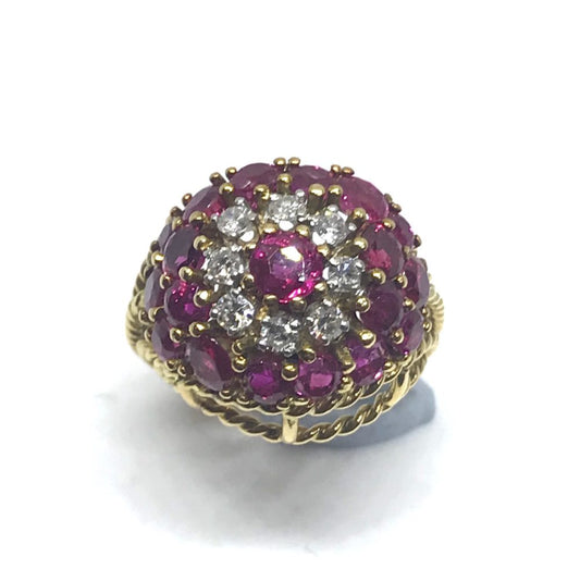 Vintage Ruby Diamond Gold Bombe Ring, C 1950's