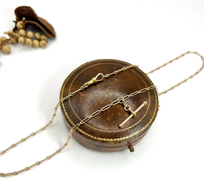 Antique 15 Carat Yellow Gold 1920's Long Fetter Link Chain With Swivel Clip And T-bar