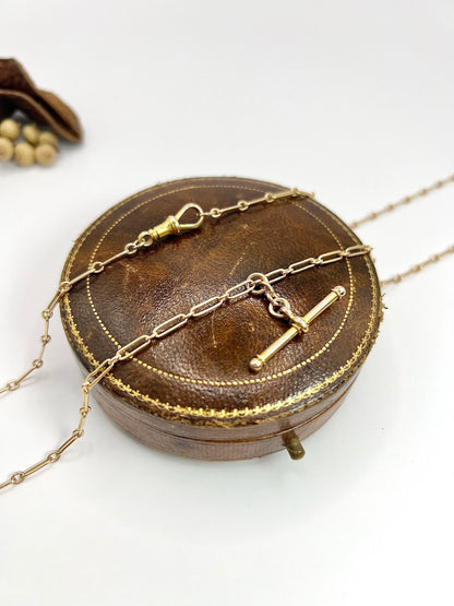 Antique 15 Carat Yellow Gold 1920's Long Fetter Link Chain With Swivel Clip And T-bar