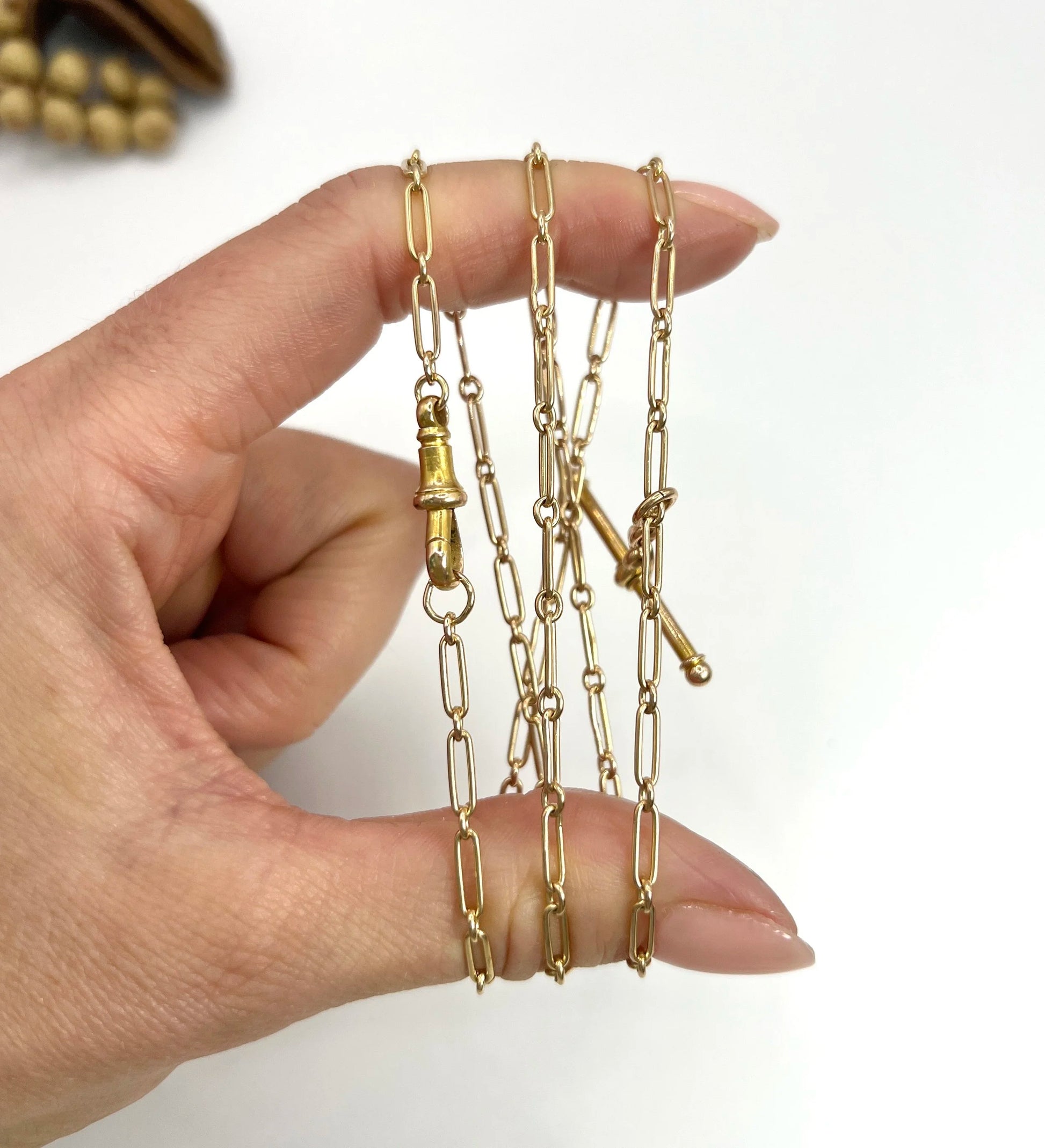 Antique 15 Carat Yellow Gold 1920's Long Fetter Link Chain With Swivel Clip And T-bar