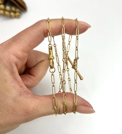 Antique 15 Carat Yellow Gold 1920's Long Fetter Link Chain With Swivel Clip And T-bar