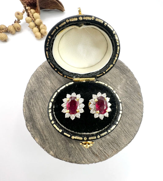 18 Carat Gold Natural Ruby and Diamond Cluster Stud Earrings, Circa 2000
