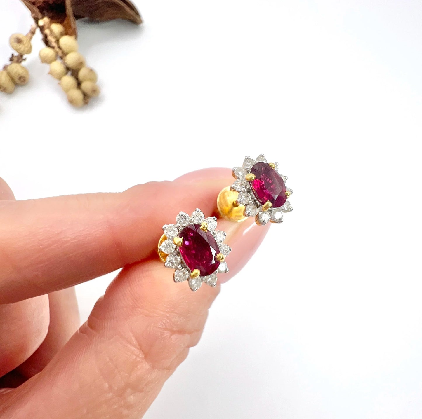 18 Carat Gold Natural Ruby and Diamond Cluster Stud Earrings, Circa 2000