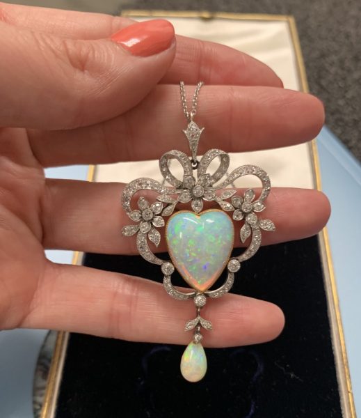 Antique Heart Opal and Diamond Pendant Brooch