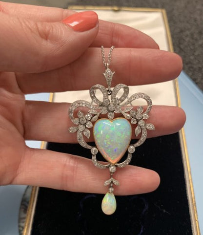 Antique Heart Opal and Diamond Pendant Brooch