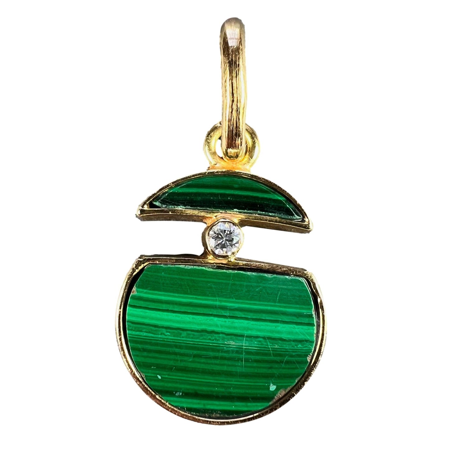 A malachite and diamond yellow gold split circle pendant, on a white background