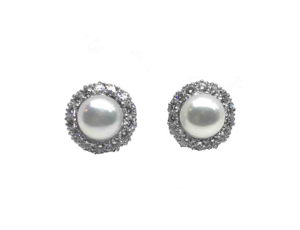 Pearl and diamond cluster earrings platinum