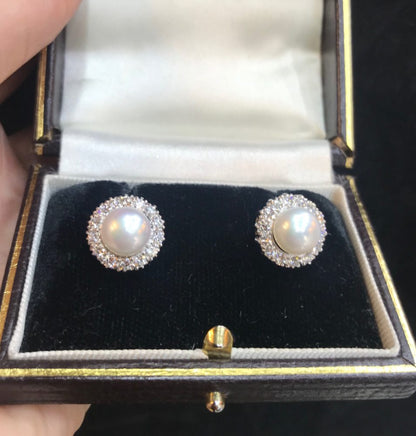 Cultured Pearl and Diamond Cluster Earrings