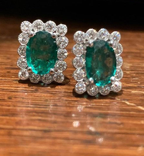Emerald and diamond cluster earrings