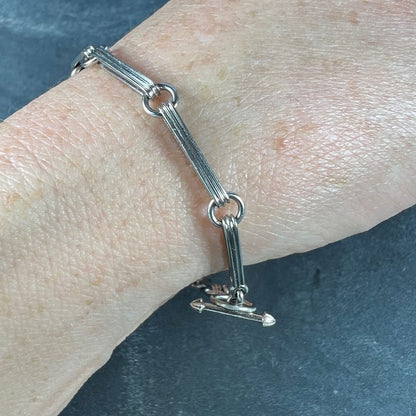 Art Deco Platinum Fancy Link Chain Bracelet with ridged elongated links connected by circular rings