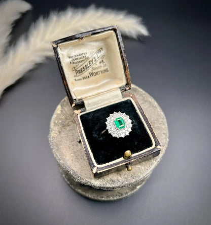 Vintage Emerald and Diamond Double Cluster Ring
