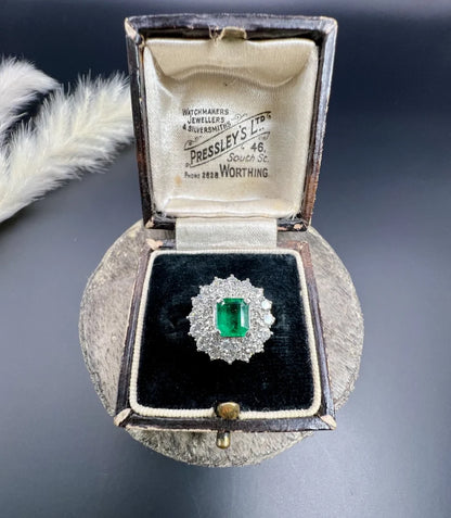 Vintage Emerald and Diamond Double Cluster Ring