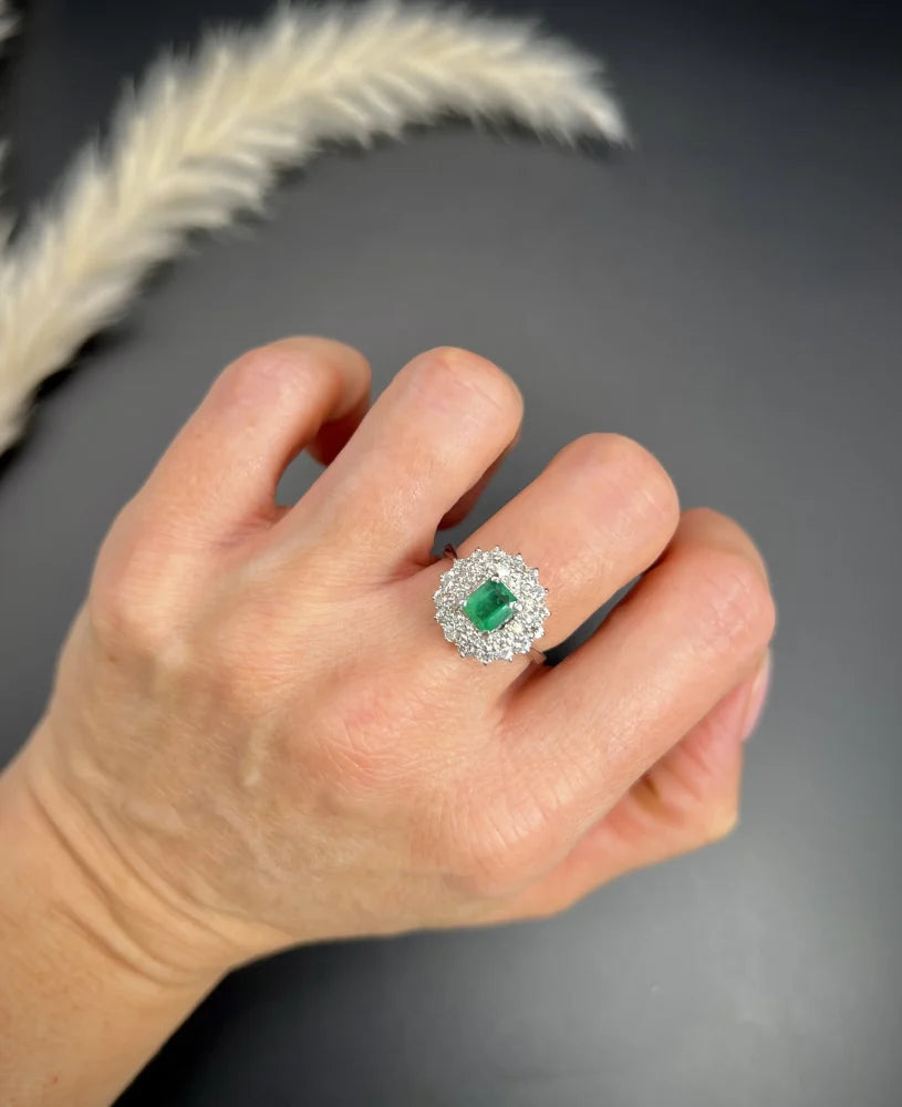 Vintage Emerald and Diamond Double Cluster Ring